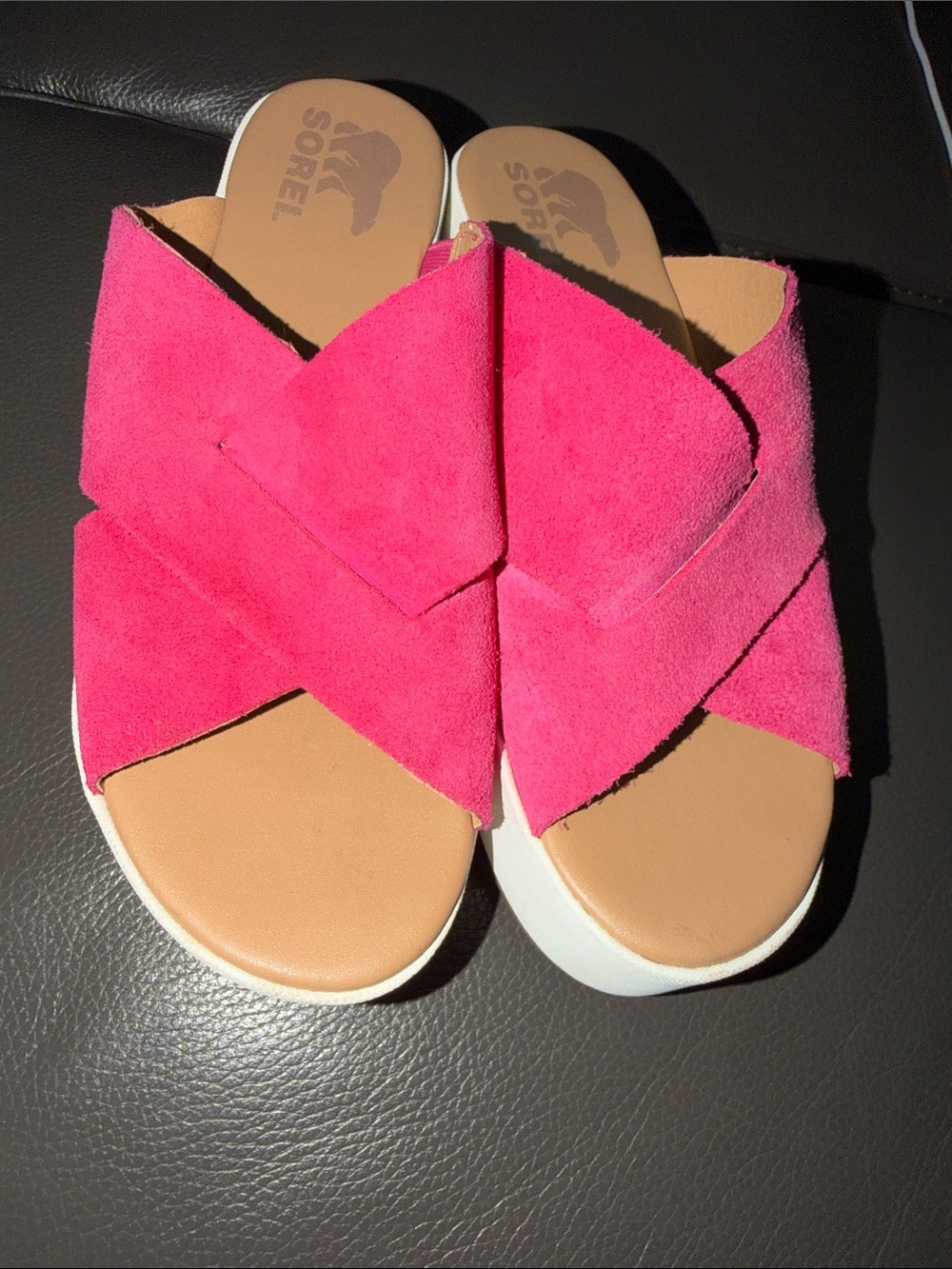 Sorel Women's Hot Pink Suede Cross-Band Slide Sandals